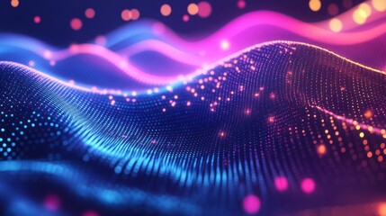 Abstract wavy digital landscape of glowing particles in vibrant blues and pinks