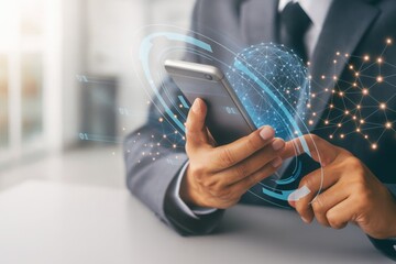 A businessman interacts with digital innovation on a smartphone interface, visualizing data and connectivity in the modern digital age of business.