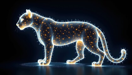 Fototapeta premium Mystical jaguar outlined with glowing fractal vines and golden blue light, side view portrait