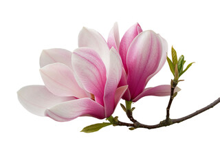 Fototapeta premium Delicate pink magnolia blossoms with new green leaves on a branch isolated on transparent background