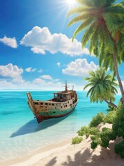 Fototapeta premium Sun-drenched beach, rusty ship, tropical paradise