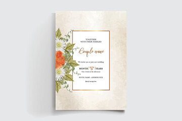 WEDDING INVITATION FRAME WITH FLOWER DECORATIONS AND FRESH LEAVES