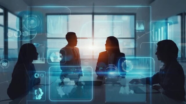 silhouette of business meeting with digital interface provides a modern collaboration scene with global team members sharing data and analytics for strategic planning. - Powered by Adobe