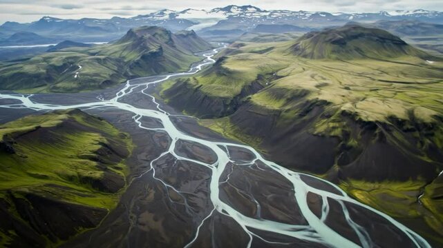 Aerial view of braided river flowing through green and rocky landscape with pointing arm
