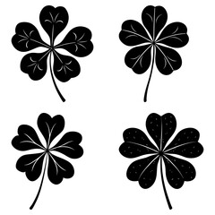 Four black five leaf clovers with stems arranged in a square pattern on a white plain background style