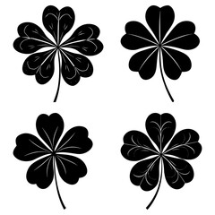 Four stylized black clovers with five petals each on a white background in a symmetrical arrangement