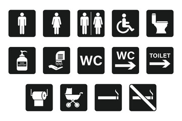 Toilet icons set, common male female restroom, handicap wheelchair access, sanitizer liquid soap, WC direction, baby, toilet signs, WC signs collection