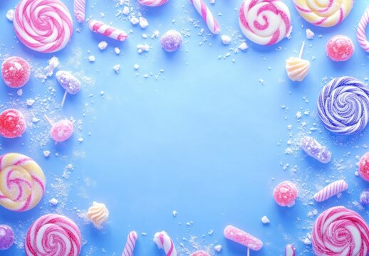 candy layout with blank space in the middle on clean blue background poster, sweets and lollipops poster with copyspace