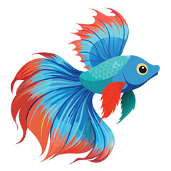 Naklejka premium A beautiful betta fish with a wide, colorful, fanned tail fin spread out, isolated on a white background.