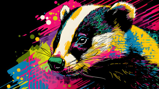 Colorful badger in pop art style on black background