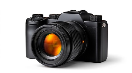 Fototapeta premium Compact mirrorless digital camera with detachable lens, isolated on white — highlighting professional photography tools and influencer gear.