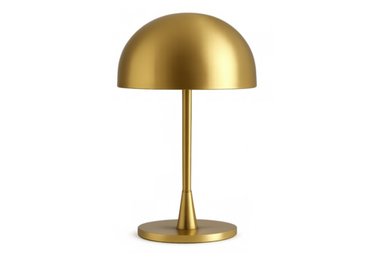 Golden metal desk lamp featuring domed shade, emitting warm illumination, complementing modern workspace design with clean transparent background