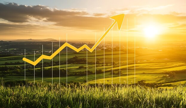 A graph depicting a rising trend line set against a matte-finished background featuring wind turbines, lush green fields, and a vivid sunset — symbolizing growth in renewable energy and sustainability