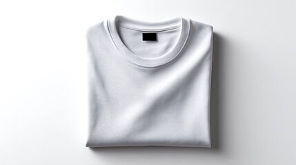 Folded neutral-toned cotton T-shirt with blank label, isolated on a white background &mdash; ideal for fashion mockups or minimalist product design.