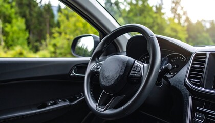 Car interior view, steering wheel, forest