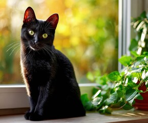 Black cat sits on windowsill near indoor plant during daytime
