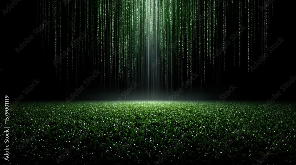 Poster digital landscape of green code raining down like matrix style, sci-fi tech background with depth
