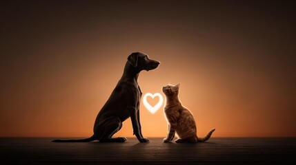 Dog and cat silhouette with paws touching, forming a heart shape on a gradient background