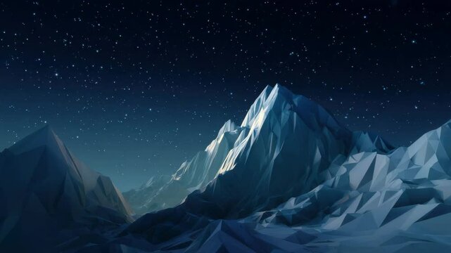 Low poly mountain range under starry night sky