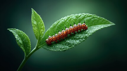 Fototapeta premium Group of caterpillars feeding on a green leaf, natural habitat and ecological balance theme with room for overlay