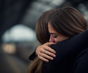 Fototapeta premium Two women embracing with emotion near a Bridge in Germany