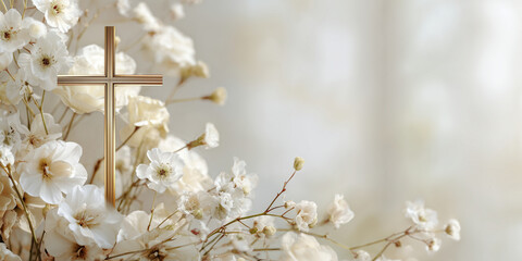 minimal soft background with white flowers and cross — ideal for Christian-themed designs, Easter or funeral announcements, sympathy cards, memorial visuals, or spiritual blog headers