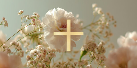 minimal soft background with white flowers and cross — ideal for Christian-themed designs, Easter or funeral announcements, sympathy cards, memorial visuals, or spiritual blog headers