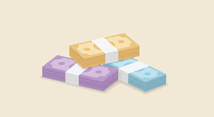 Obraz premium Stacks of colorful money bundles, representing wealth, finance, and economic prosperity, are arranged in an isometric view