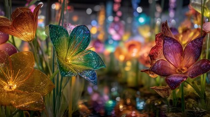Captivating Garden of Enormous Glass Flowers Radiating Rainbow Light