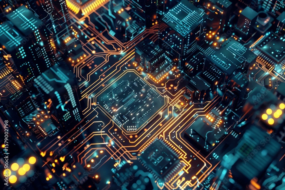 Wall mural complex electronic circuit board with glowing connections and processors, symbolizing data flow in a