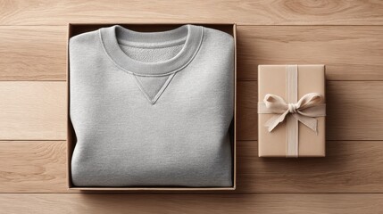 Sweatshirt mockup folded and placed inside a gift box with wrapping paper and ribbon, holiday season apparel marketing