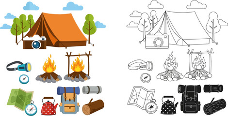 Camping gear vector illustration with tent campfire compass map backpack and other camping elements