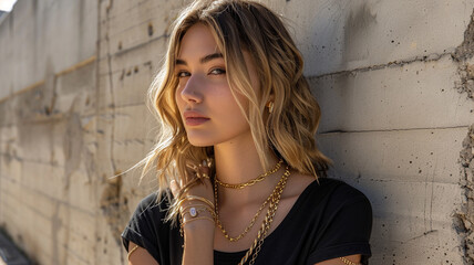 A confident woman with wavy blonde hair stands against a textured beige wall, wearing layered gold necklaces 