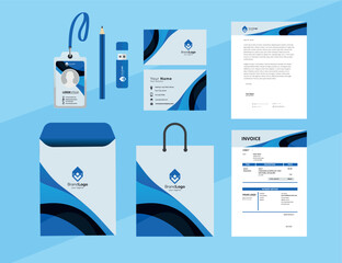 Corporate Brand Identity Mockup set with digital elements. Classic full stationery template design. Editable vector illustration: Business card, Bag, Id card, envelope, cup, letterhead, pen etc.