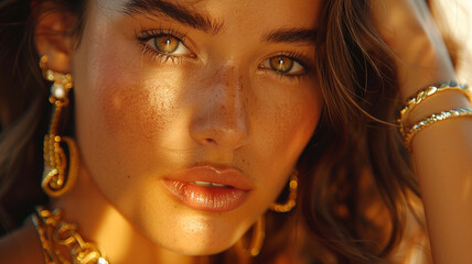 A lovely model with gold rings, earrings, and a bracelet. Jewelry shop. Fashion, Beauty . Portrait of a beautiful young woman with jewellery. Stylish brunette model with natural beauty and long hair