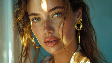 A lovely model with gold rings, earrings, and a bracelet. Jewelry shop. Fashion, Beauty . Portrait of a beautiful young woman with jewellery. Stylish brunette model with natural beauty and long hair
