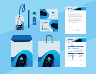 Corporate Brand Identity Mockup set with digital elements. Classic full stationery template design. Editable vector illustration: Business card, Bag, Id card, envelope, cup, letterhead, pen etc.