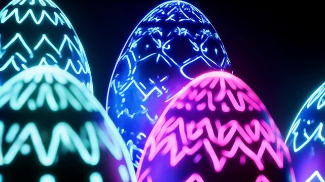 Colorful glowing Easter eggs with zig-zag patterns on dark background create festive and vibrant atmosphere with playful design.