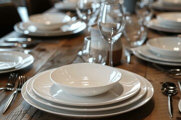 White porcelain dinnerware and glassware arranged on a rustic wooden table create an elegant table setting