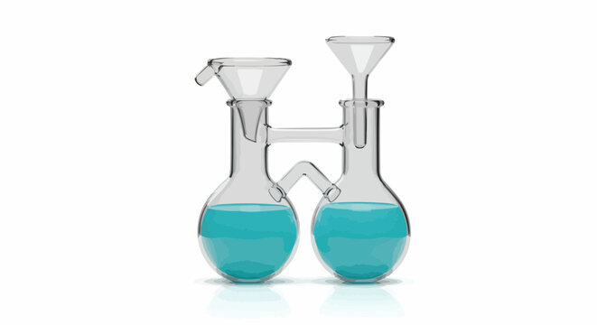 Two flasks connected with clear liquid and funnels on a white background in a laboratory setting