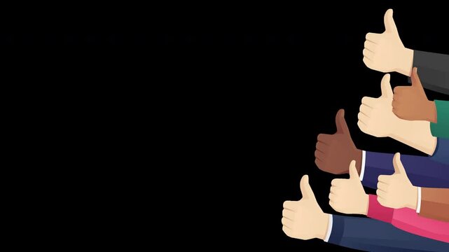 2D animation with alpha channel. Several hands appear from the right with thumbs up on transparent background. Approval gesture. 