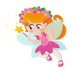 Cute cartoon flower fairy with a magic wand isolated on a white background
