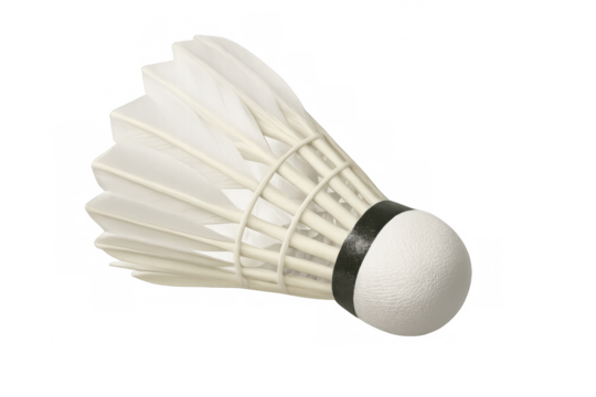 Studio shot of a badminton shuttlecock with white feathers and a black band, isolated on a transparent background