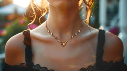 A woman displays a necklace around her neck as an inspiration for women's accessories choices.