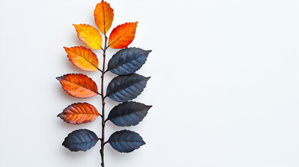 A twig with leaves transitioning in color from vibrant yellow and orange to dark blue, displayed against a clean white background.