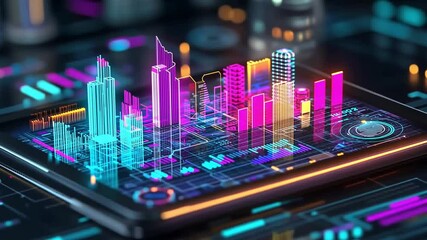 Futuristic tablet displaying glowing city skyline over digital network interface - Powered by Adobe