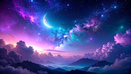 Naklejka premium A vibrant, fantasy night sky above a mountain landscape.