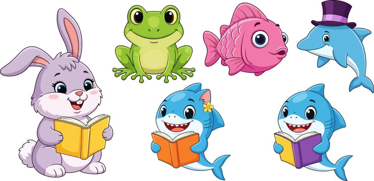 Cute cartoon animals reading books vector illustration for kids education and learning resources design