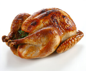 Roasted turkey, golden-brown skin, herb garnish, holiday meal.