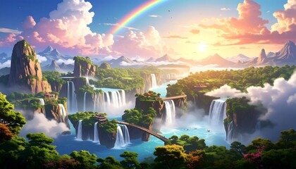 A vibrant, fantasy landscape with cascading waterfalls, lush greenery, and a majestic rainbow